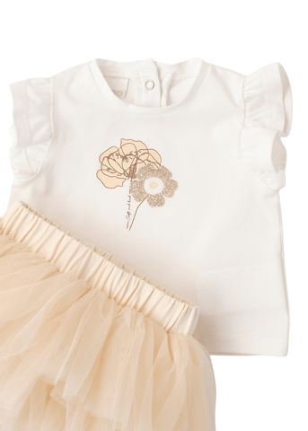 Set of 2 Pieces, Cream Short Sleeve T-Shirt and Beige Tulle Skirt 8150 iDO