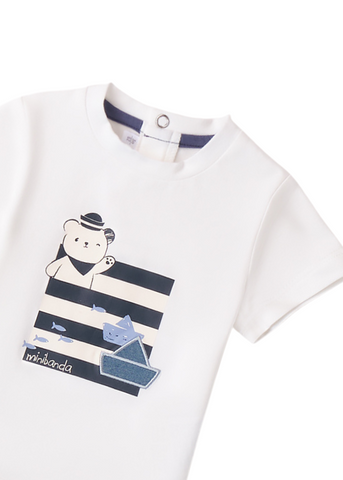 White Short-Sleeve T-Shirt with Navy Blue and Bear Stripe Print 8660 Miniband