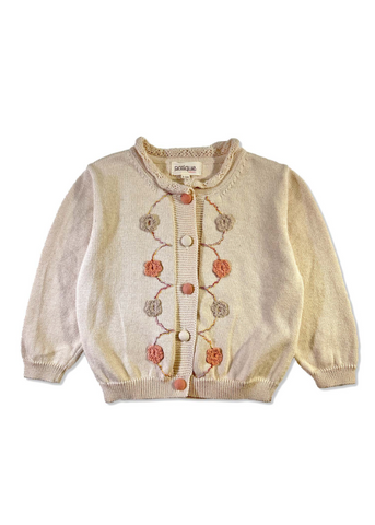 Beige Knitted Cardigan for Girls, with Powder Pink Crochet Flowers 21154 Patique