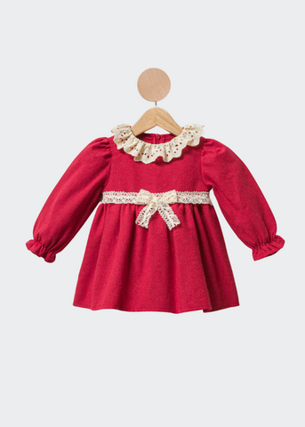 Dress in Red Fabric with Long Sleeve Collar and Cord in Cream Lace 3349 Cumino
