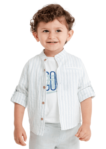 Set 3 Piese, Camasa cu Dungi Bleu din Muselina, Pantaloni din In Bleu si Tricou 10001 Lemon