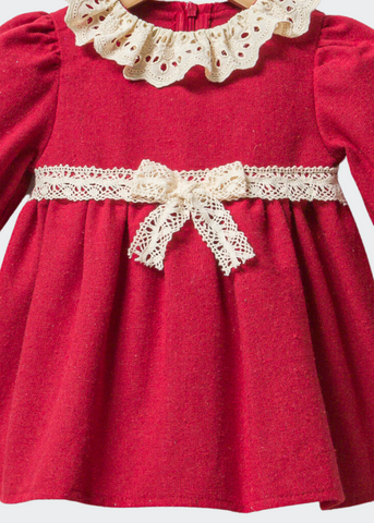 Dress in Red Fabric with Long Sleeve Collar and Cord in Cream Lace 3349 Cumino