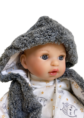 Baby Alex with White and Gray Overalls and Vest with Gray Plus Hood, 40 cm 1503 Nines