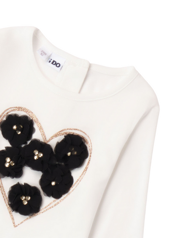 Cream blouse for girls, with long sleeves and black floral applications 7580 iDO