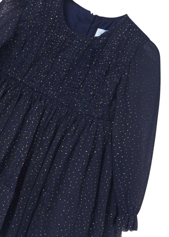 Dress with Sheer Sleeves in Navy Blue Tulle with Gold Dots