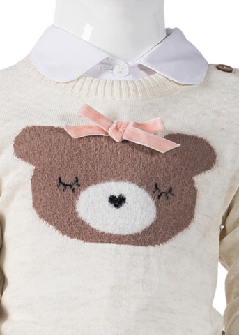 Beige Bear Sweater Set, White Shirt, Plaid Fabric Skirt, and Girls' Tracksuit