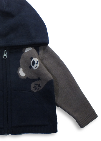 Knitted Hoodie for Boys, Navy Blue with Bear Print, Hood and Zipper 21152 Patique