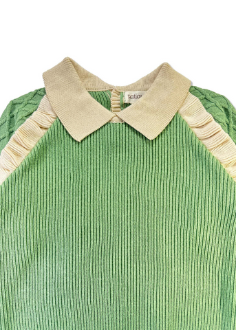 Cotton Sweater for Girls, Green with Collar and Beige Ruffles 21172 Patique