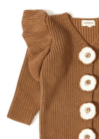 Knitted Cardigan for Girls, Brown with Buttons and Crocheted Flowers 21049 Patique