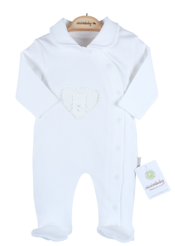Cicim Baby Long Jumpsuit for Girls, ivory with Heart & Bear Pattern, 100% Cotton
