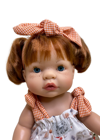 Red Joy Doll with Short White Overalls with Orange and Headband, 37 cm 1052 Nines