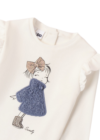 Cream Blouse for Girls, with Long Sleeves and Blue Girl Print 7643 iDO