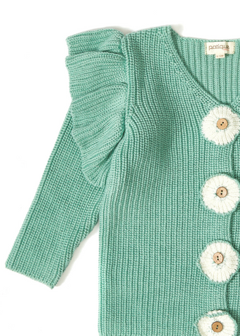 Cardigan Tricotat pentru Feetite, Verde cu Nasturi si Flori Crosetate 21049 Patique