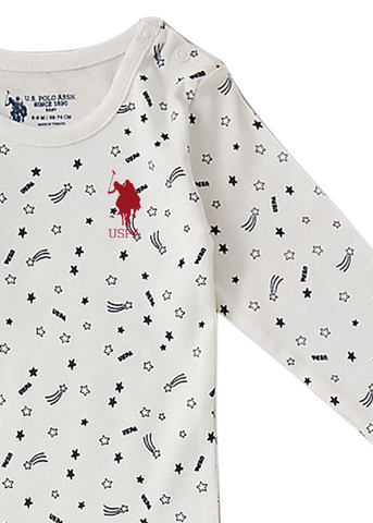 Set of 2 Boys' Cream Long Sleeve Navy Star Print Bodysuit USB1424 Us Polo Assn