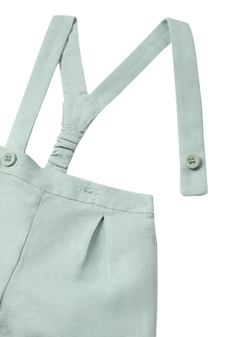 2 Piece Set, Short Green Linen Overalls with Suspenders and Short Sleeve Striped Shirt 1217 Mayoral