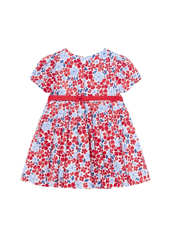 Short Sleeve Dress with Red and Blue Flower Print and Red Belt 1914 Mayoral