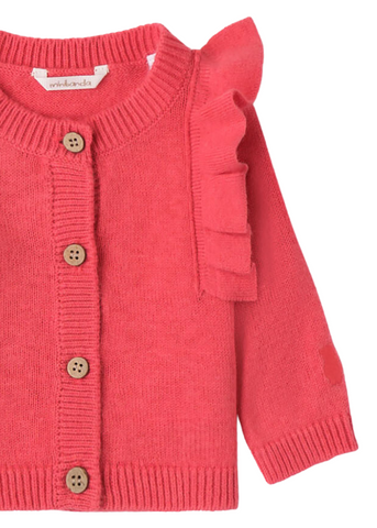 Knitted Cardigan for Girls, Coral Red with Ruffles on the Shoulders 7713 Miniband