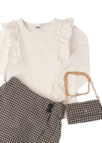 3 Piece Set for Girls, Cream Blouse, Skirt-Pants and Bag in Beige and Black Fabric 7620 iDO