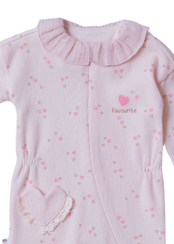 Pink Long Jumpsuit with Hearts Print Ruffle Collar and Zipper Closure 9539 Mell Sweet Baby