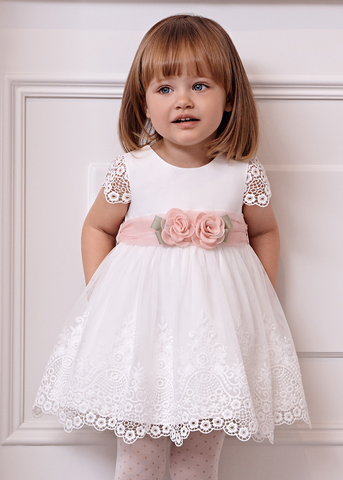 White Embroidered Tulle Dress with Pink Cord at Waist and Panty 5011 Abel & Lula