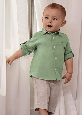 Linen 2 Piece Set, Green Shirt and Beige Shorts 5253 Abel & Lula