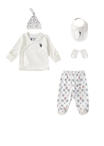 5 Piece Set Newborn, Blouse, Pants, Bib, Booties and Fes USB1400 Us Polo Assn