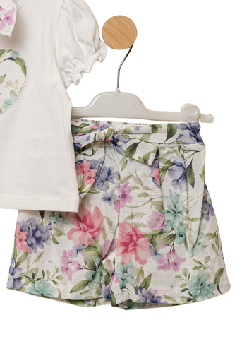 Set of 2 Ivory Heart T-Shirt and Skirt Shorts Purple Flower Print M0655 Connie Baby