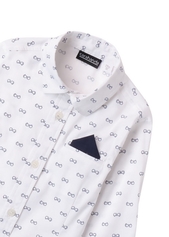 White Long Sleeve Shirt for Boys with Navy Blue Glasses Print 7131 Sarabanda