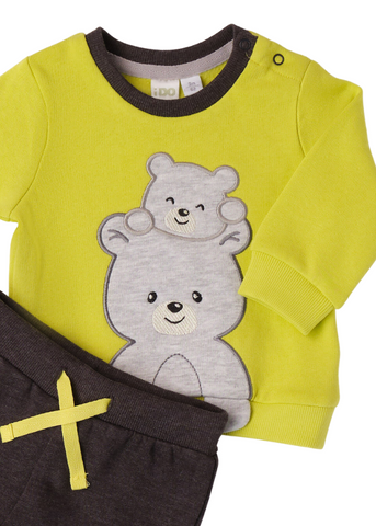 2 Piece Set for Boys, Acid Green Sports Top with Bear and Gray Pants 7158 iDO