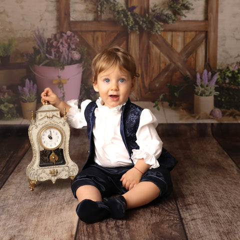 AnneBebe Boy's Navy Blue Brocade Print Vest Christening Suit