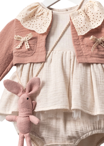 Beige Muslin Body Overall Set, Brick Bolero and Pink Rabbit Accessory 3403 Mino Baby