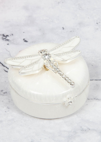White Round Box with Dragonfly with Applied Crystals