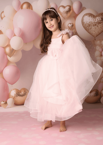 Rochie pentru Ceremonie, Somon Lunga cu Bust din Organza, Pliseuri cu Cristale si Margele si Fusta din Tulle 2952 Mon Princess