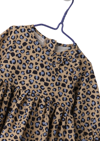 Long Sleeve Cotton Dress, Beige with Blue Leopard Print 7749 Miniband
