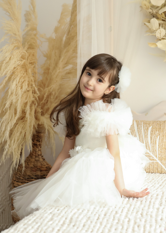 Ceremony Dress, Cream with Brocade Bust, Tulle Skirt and Sleeves 2942 Mon Princess