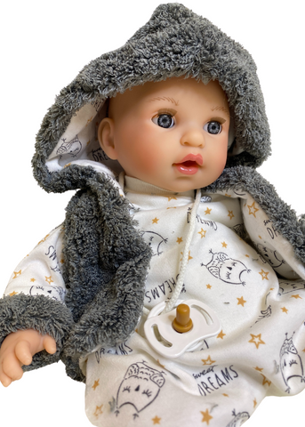 Baby Alex with White and Gray Overalls and Vest with Gray Plus Hood, 40 cm 1503 Nines