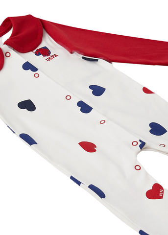 Ivory Cotton Romper with Red Collar and Sleeves and Heart Print for Girls USB1640 Us Polo Assn