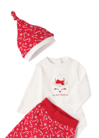 Set 3 Piese pentru Bebelusi, Body crem My First Christmas, Fes si Pantaloni rosii 7285 iDO