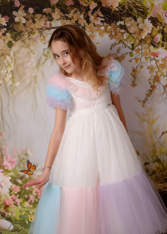 Long Ceremony Dress Cream Sequined Bust Tulle Skirt With Multicolored Ruffles 2986 Mon Princess