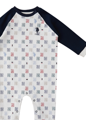 Navy Blue Sleeve Print Cotton Cream Jumpsuit for Boys USB1413 Us Polo Assn