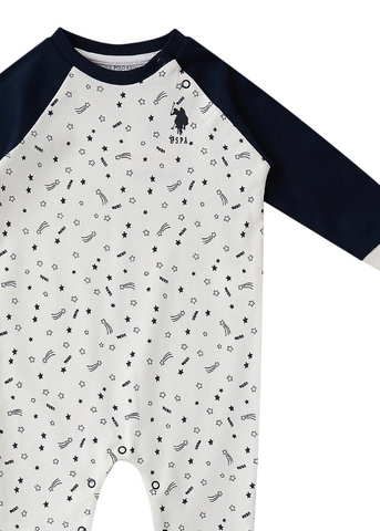 Cream Star Print Cotton Overalls with Navy Blue Sleeves for Boys USB1429 Us Polo Assn