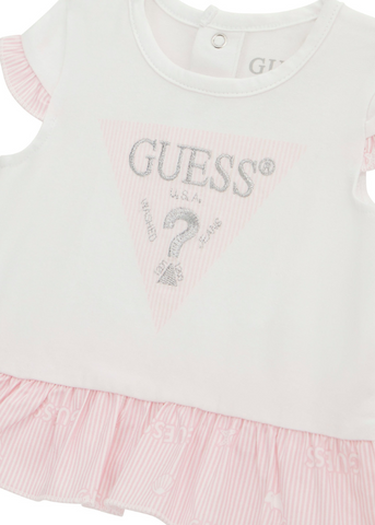 Set 2 Piese, Tricou Alb si Pantaloni Scurti cu Dungi Roz S4GG01 Guess