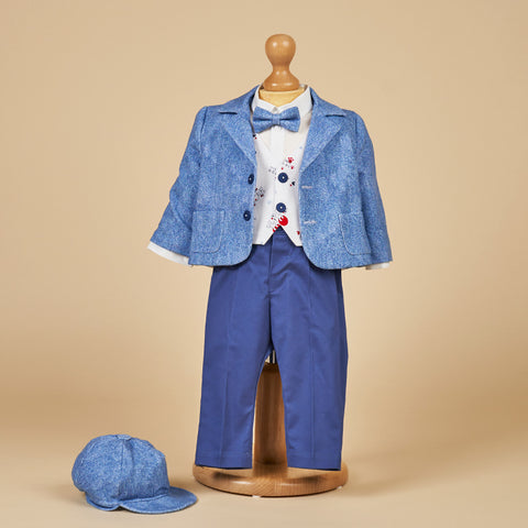 Elegant Suit 6 Pieces Blue Cotton Jacket Jersey Blue Jeans Vest Print With Red AnneBebe