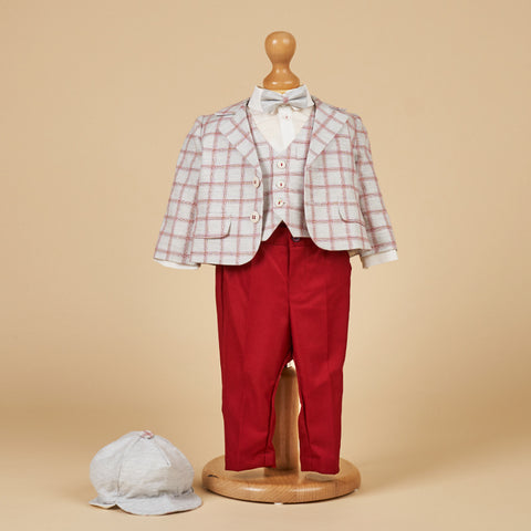 Elegant 6 Piece Suit Gray Red Cotton Dog Plaid Grena AnneBebe