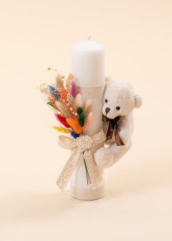 Cream Bear Christening Candle and AnneBebe Flower Bouquet