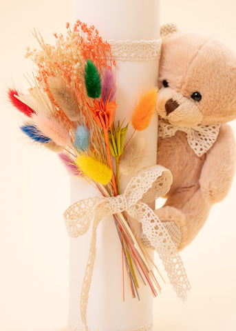 Bear Cappucino Baptism Candle and AnneBebe Flower Bouquet