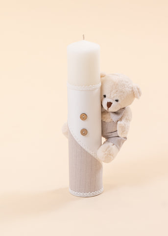 Dacian Baptism Candle with Cream Bear and Beige Bows with Fine Stripes AnneBebe
