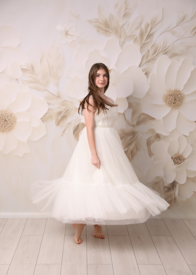 Long Ceremony Dress, Ivory Tulle with Ruffle on Bust and Flakes 10240 Mon Princess
