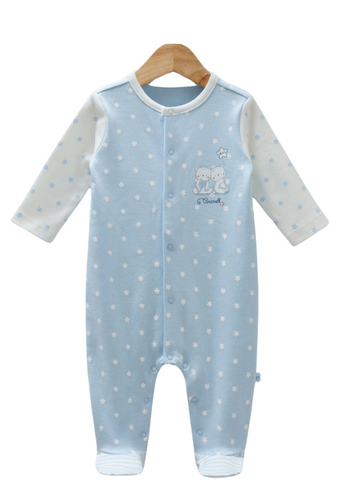 Boy's Long Jumpsuit Blue Cotton Stars Bears & Fes Stripes TE9009 Caramell