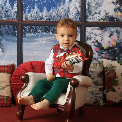 AnneBebe Boy's Red and Green Plaid Vest Suit Green Pants